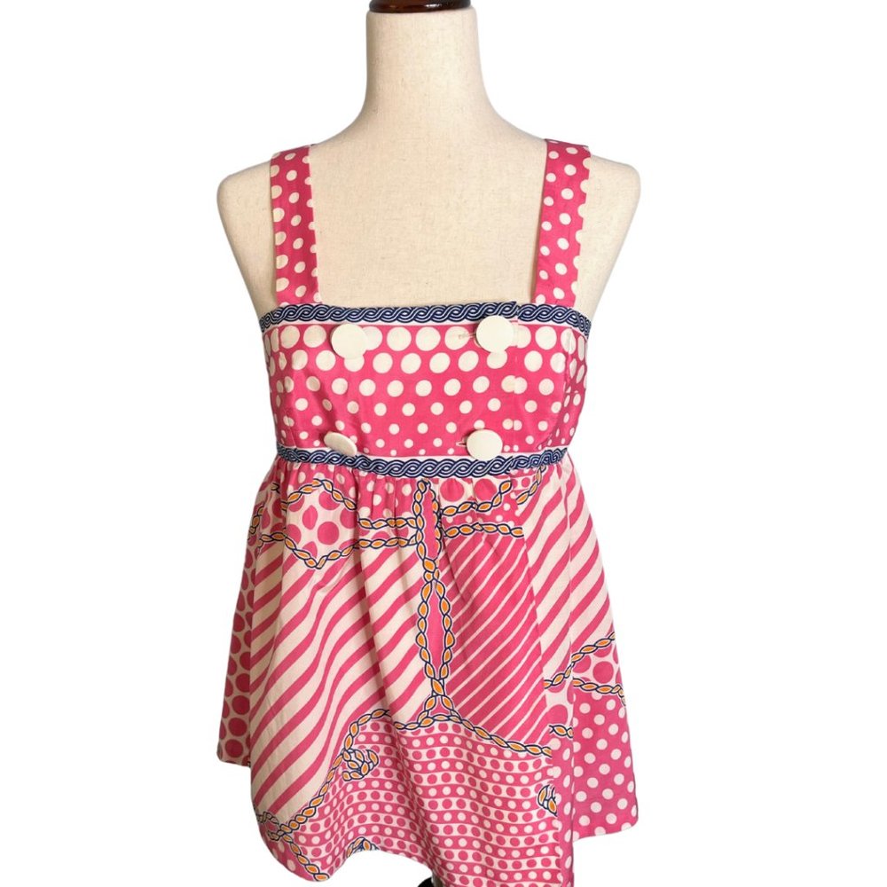 Mid 00s Tibi Silk Wrap Tank Top Sz S Pink Pattern Polka Dots Empire Waist Stripe